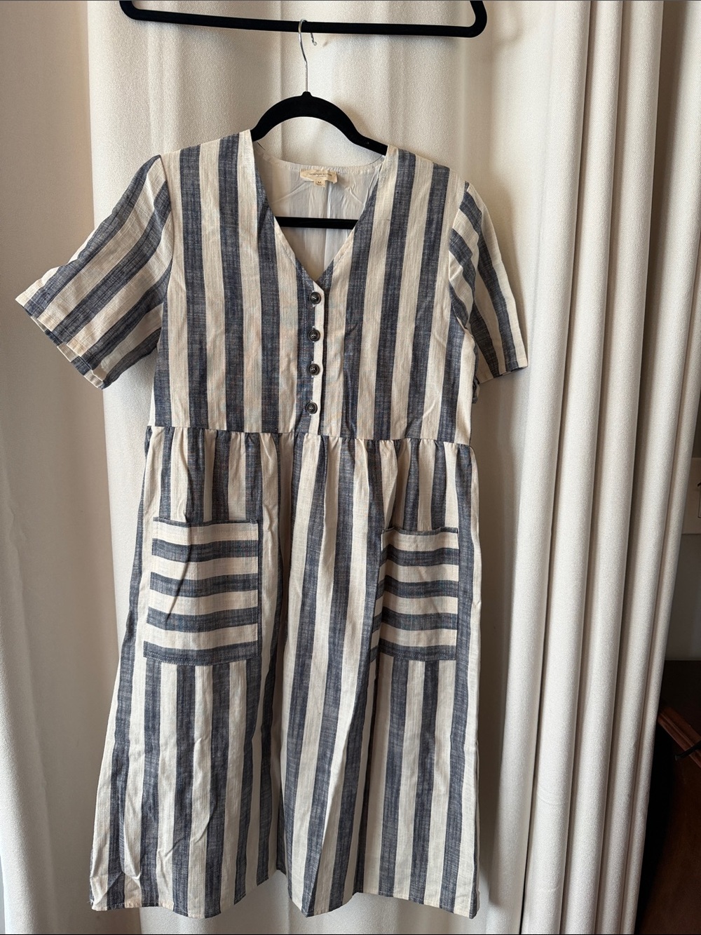 orange creek Blue and Cream Striped V‑Neck Midi Dress